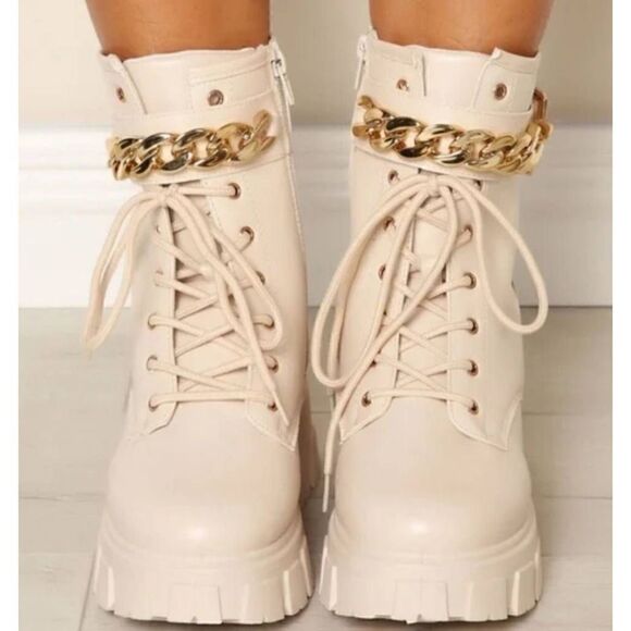 Olivia Miller Womens Ava Combat Boots Beige Vegan Straps Chain Ankle Zip 9 New - Picture 2 of 9